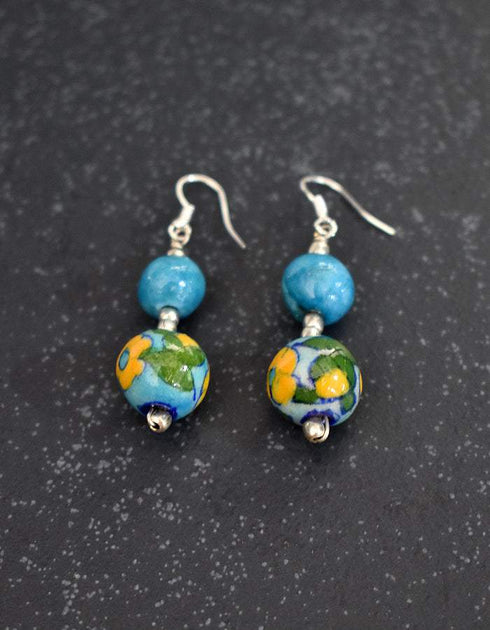 Two Bead Blue Pottery Earrings (Turquoise & Yellow)